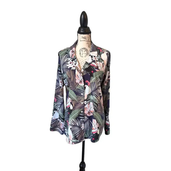 Umgee Tropical Tucan Leaf Forest Print Long Sleeve Shirt Button Up Size M - Picture 2 of 9